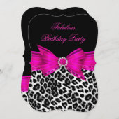 素晴らしいホットピンクヒョウ誕生日パーティブラック3 招待状 (正面/裏面)