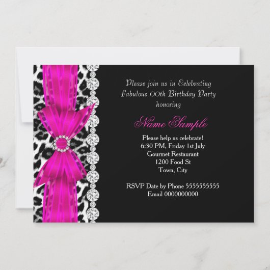 素晴らしいホットピンクヒョウ誕生日パーティーブラック 招待状 (裏面)