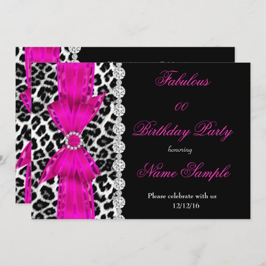 素晴らしいホットピンクヒョウ誕生日パーティーブラック 招待状 (正面/裏面)