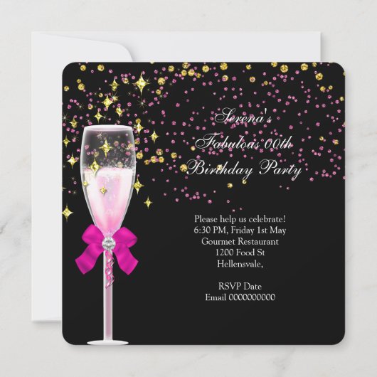 素晴らしいホットピンクヒール金ゴールドブラックバースデーパーティー 招待状 (裏面)