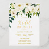 素晴らしいホワイトフローラブライダルシャワーブランチ金ゴールド 箔招待状 (正面)