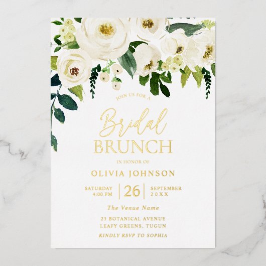 素晴らしいホワイトフローラブライダルシャワーブランチ金ゴールド 箔招待状 (正面)