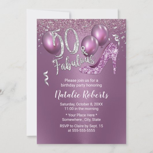 素晴らしいモダン50パープルガール50誕生日 招待状 (正面)