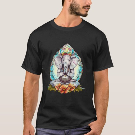 素晴らしいヨガの動物ゾウのモチーフ瞑想リラクゼーション Tシャツ (正面)