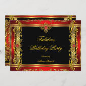 素晴らしいレッドブラック金ゴールド誕生日パーティー 招待状 (正面/裏面)