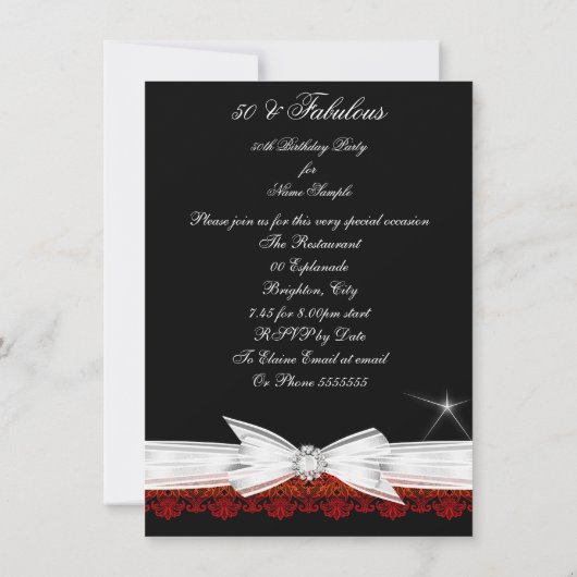 素晴らしいレッドレースブラック50th誕生日パーティー 招待状 (裏面)
