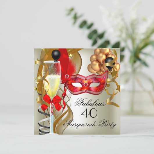 素晴らしいレッド金ゴールドクリームブラックマスカレードパーティー 招待状 (スタンド正面)