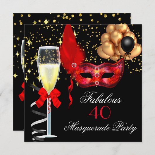 素晴らしいレッド金ゴールドブラックマスカレードパーティー 招待状 (正面/裏面)