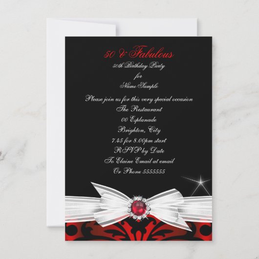 素晴らしいワイルドレッドブラックダマスク50th誕生日パーティー 招待状 (裏面)