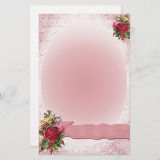 素晴らしいヴィンテージの赤いバラの文房具のピンクのリボン 便箋 (正面/裏面)