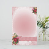 素晴らしいヴィンテージの赤いバラの文房具のピンクのリボン 便箋 (スタンド正面)