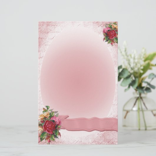 素晴らしいヴィンテージの赤いバラの文房具のピンクのリボン 便箋 (スタンド正面)