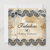 素晴らしいヴィンテージブラッククリームベージュレースフローラ 招待状 (正面)