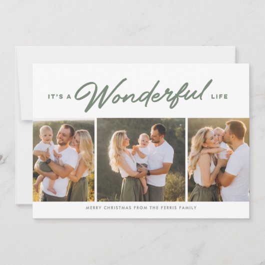 素晴らしい人生3つの写真グリーンクリスマス シーズンカード (正面)
