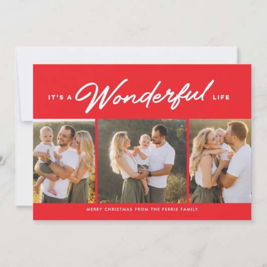 素晴らしい人生3つの写真レッドクリスマス シーズンカード (正面)