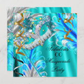 素晴らしい仮装パーティー誕生日ティール（緑がかった色）ブルー 招待状 (正面/裏面)