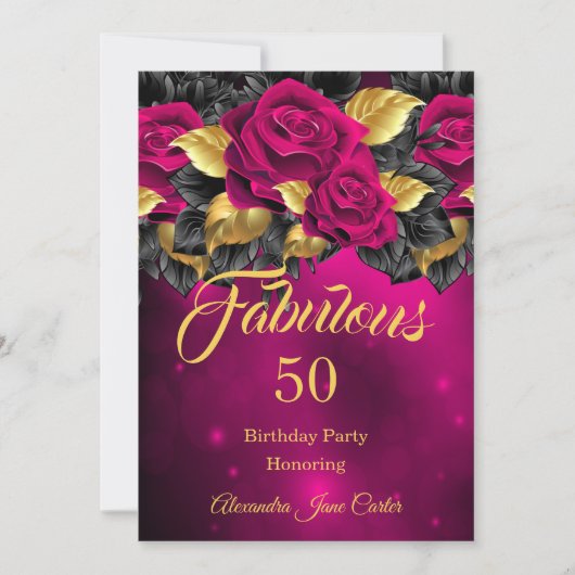 素晴らしい任意の年齢誕生日ダークピンクローズ金ゴールド 招待状 (正面)