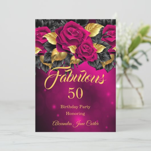 素晴らしい任意の年齢誕生日ダークピンクローズ金ゴールド 招待状 (スタンド正面)