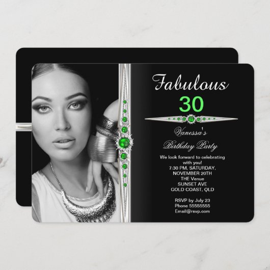 素晴らしい写真の誕生日パーティライムグリーンブラック2 招待状 (正面/裏面)