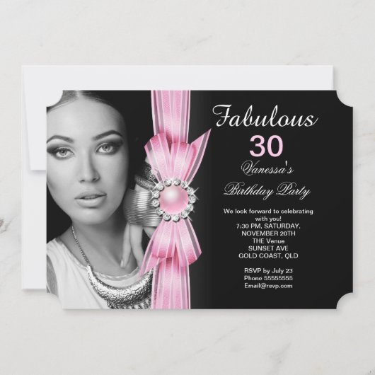 素晴らしい写真の誕生日パーティーソフトピンクブラック 招待状 (正面)