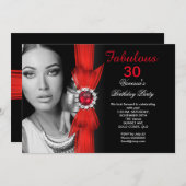 素晴らしい写真の誕生日パーティー深いレッドブラック 招待状 (正面/裏面)