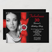 素晴らしい写真の誕生日パーティー深いレッドブラック 招待状 (正面/裏面)