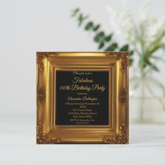 素晴らしい写真の誕生日パーティー華美金ゴールドフレーム 招待状 (スタンド正面)