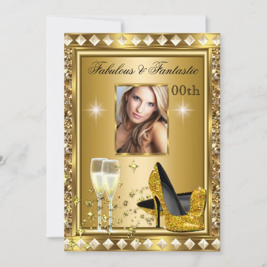 素晴らしい写真金ゴールドグリッツグラムハリウッド誕生日 招待状 (正面)