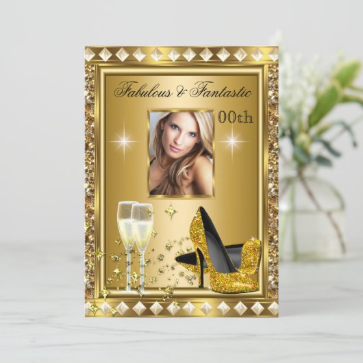 素晴らしい写真金ゴールドグリッツグラムハリウッド誕生日 招待状 (スタンド正面)