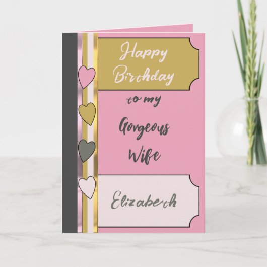 素晴らしい妻ピンクの金ゴールド誕生日 カード (正面)