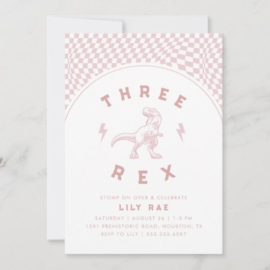 素晴らしい恐竜3つのレックスピンクガールズ誕生日 招待状 (正面)