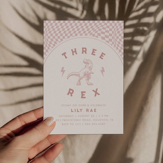 素晴らしい恐竜3つのレックスピンクガールズ誕生日 招待状