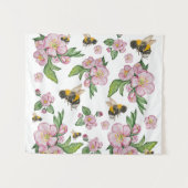 素晴らしい水彩画のリンゴの木の花と蜂 タペストリー (正面(横))