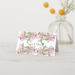 素晴らしい水色のリンゴの木の花とbее プレイスカード