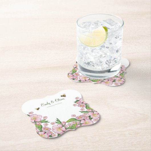素晴らしい水色のリンゴの木の花とbее ペーパーコースター (インサイチュ)