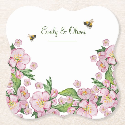 素晴らしい水色のリンゴの木の花とbее ペーパーコースター (正面)