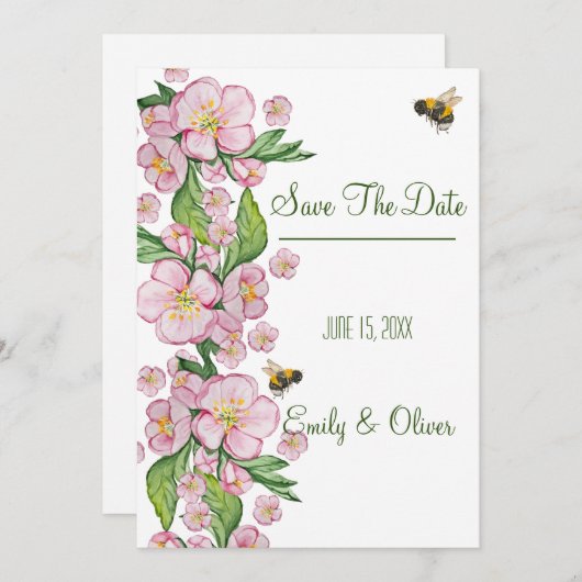 素晴らしい水色のリンゴの木の花とbее 招待状 (正面/裏面)