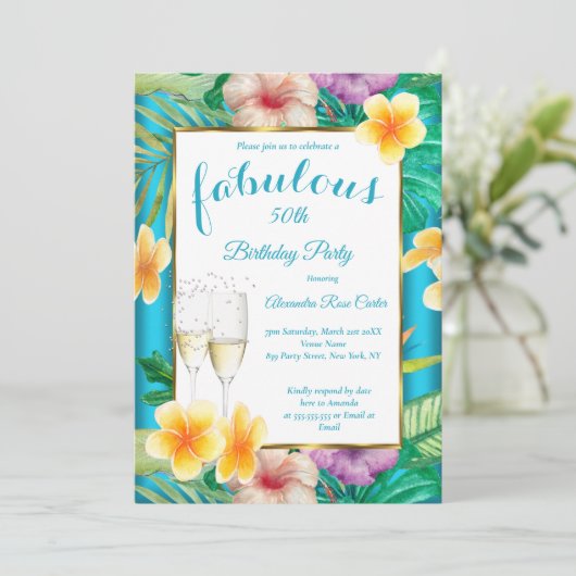 素晴らしい熱帯ティール（緑がかった色）ブルーシャンパンフォトパーティー 招待状 (スタンド正面)