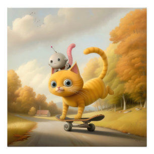 素晴らしい猫とリトルロボット：スケートボードのスキル！ フォトプリント           