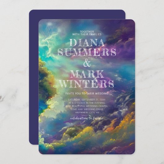 素晴らしい紫色の雲を持つ結婚式招待状 招待状 (正面/裏面)