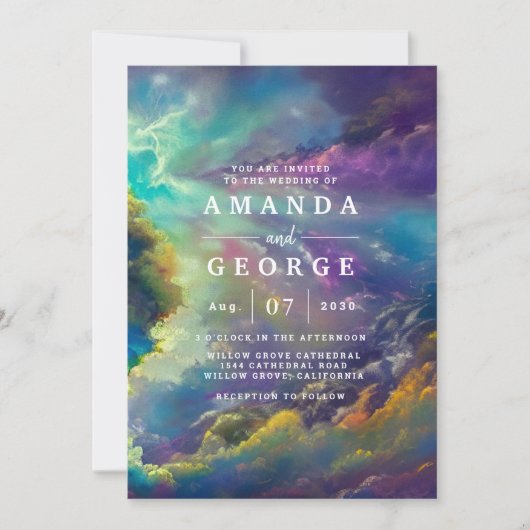 素晴らしい紫色の雲を持つ結婚式招待状 招待状 (正面)