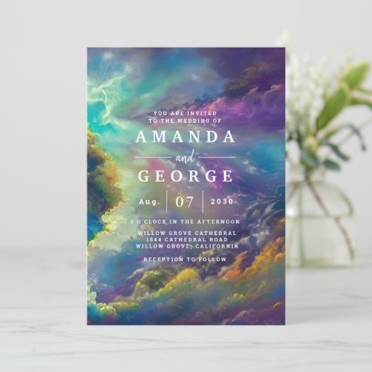 素晴らしい紫色の雲を持つ結婚式招待状 招待状 (スタンド正面)