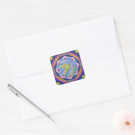 素晴らしい緑および金ゴールドのハチドリの曼荼羅 スクエアシール (封筒)