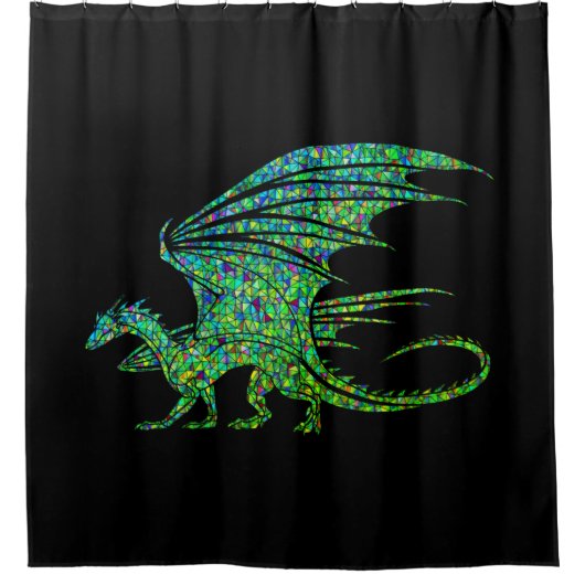 素晴らしい緑のモザイクのドラゴンの黒 シャワーカーテン (正面)