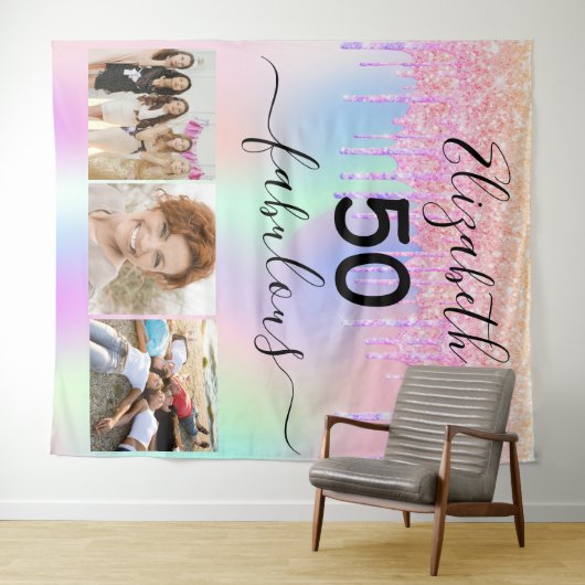 素晴らしい誕生日のピンクのホログラフィック写真 タペストリー (インサイチュ(横))
