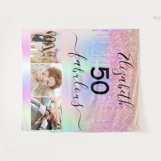 素晴らしい誕生日のピンクのホログラフィック写真 タペストリー (正面(横))