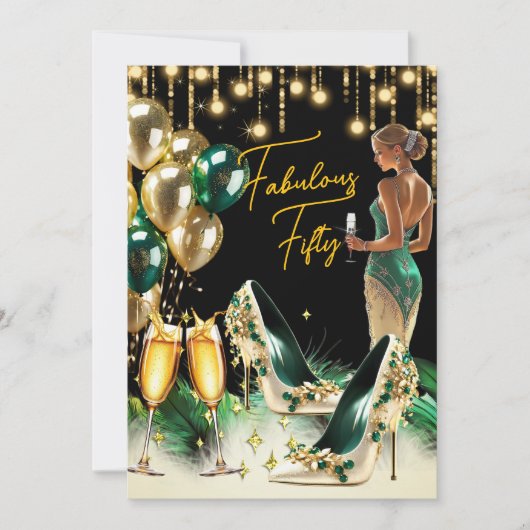 素晴らしい誕生日エメラルドグリーン金ゴールドクリームドレス 招待状 (正面)