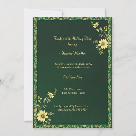 素晴らしい誕生日エメラルド金ゴールドウーマンフローラ 招待状 (裏面)