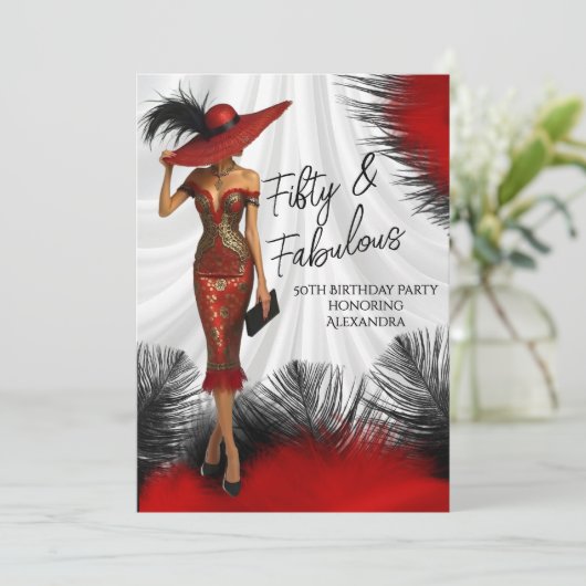 素晴らしい誕生日グラモールウーマンレッドブラックフェザー 招待状 (スタンド正面)
