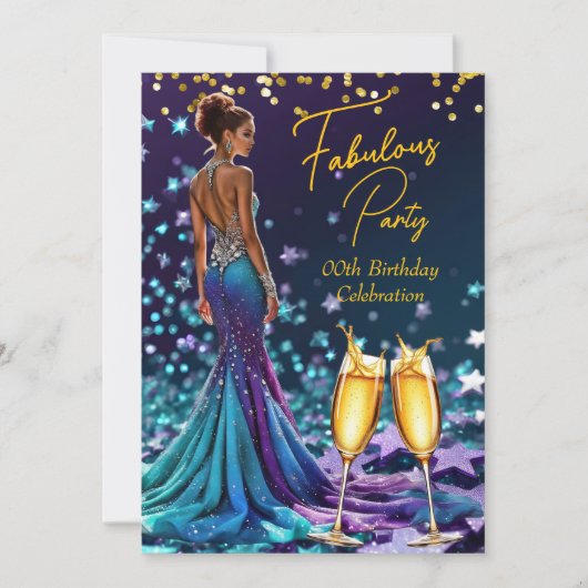 素晴らしい誕生日グリッターパープルティール（緑がかった色）シャンパン 招待状 (正面)